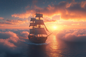Fototapeta premium A ship sailing through an ocean of clouds that gradually turns into a sky filled with stars, representing the journey from the mundane to the extraordinary.