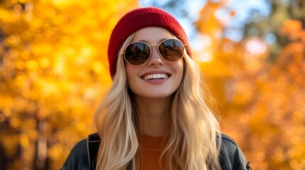 A blonde woman wearing sunglasses and a red beanie is smiling in front of autumn trees