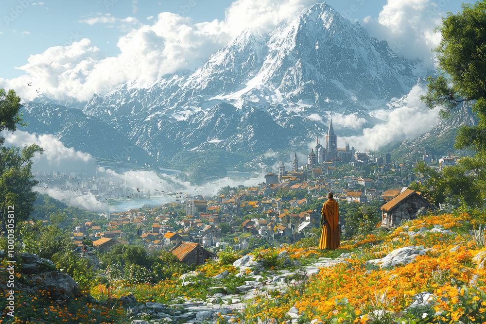 Poster a serene village scene gradually blending into a chaotic, futuristic cityscape, illustrating the evo
