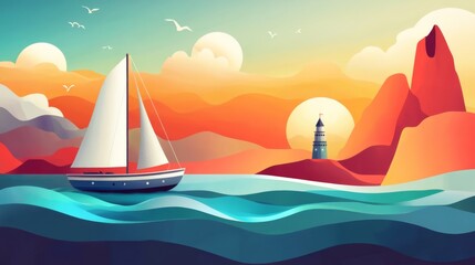 Naklejka premium Sailboat at Sunrise with Lighthouse