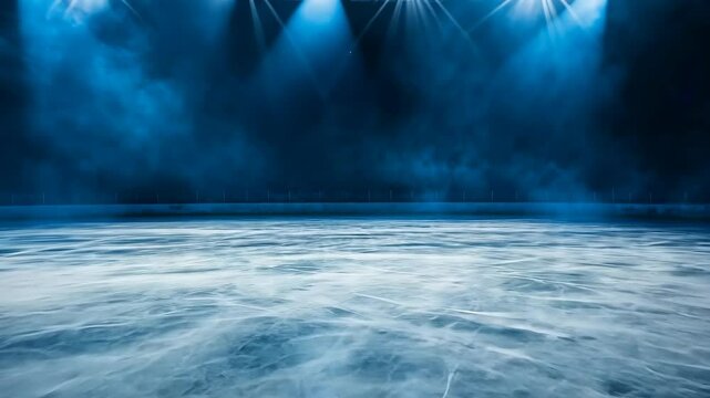 An empty ice rink is illuminated by spotlights, casting a blue glow over the smooth surface