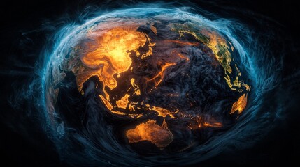 A visual representation of the most extreme weather patterns on Earth, from polar vortexes to tropical storms, shown on a global weather map