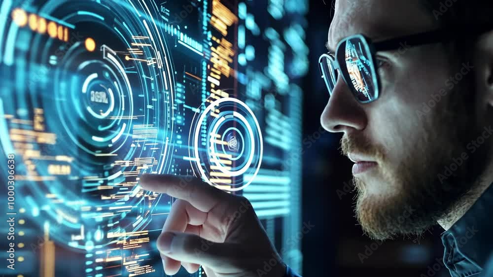 Poster a man wearing glasses interacts with a digital interface filled with glowing circles and lines, like
