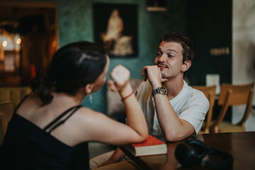 A young couple engaged in a thoughtful conversation at a cozy, warmly lit interior. They are seated at a table, expressing connection and interest in each other's company.