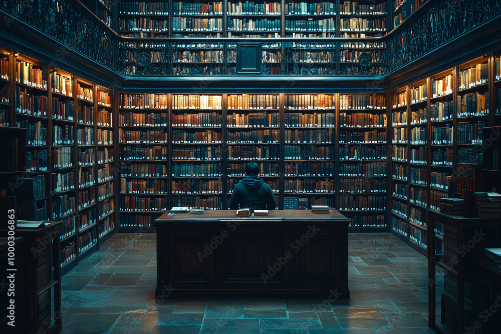 Poster a quiet library with a person sitting alone at a desk, surrounded by shelves of books, symbolizing t