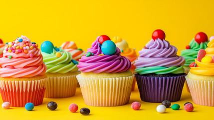 A Vibrant Collection of Colorful Cupcakes with Tasty Frosting and Assorted Candies Against a Cheerful Yellow Background