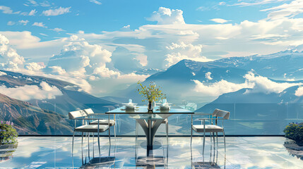 Glass room with a table and chairs, and a large mountain in the background. The room has a modern and minimalist design, with a focus on the natural beauty of the mountain. The chairs are black