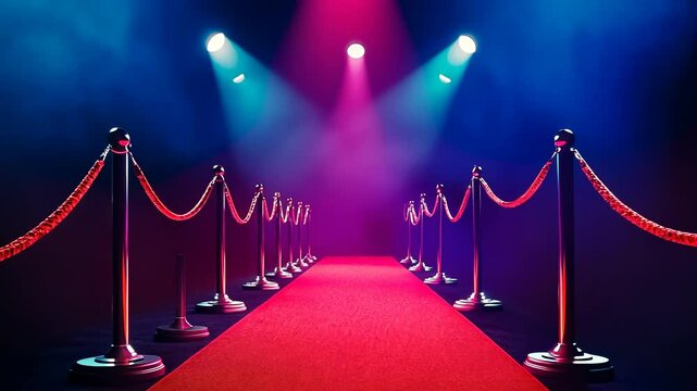 Bright spotlights illuminate a red carpet walkway flanked by velvet rope barriers. The scene evokes a glamorous, star-studded event with a sense of anticipation. Dramatic lighting emphasizes the