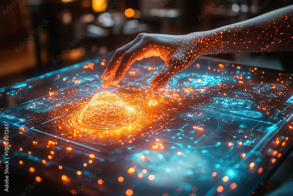 Poster a person using a holographic interface to sculpt a 3d object in mid-air, symbolizing innovation and 