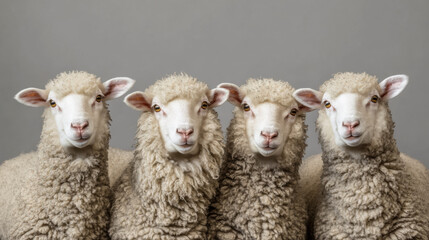 Obraz premium Four sheep with fluffy wool standing side by side against a gray backdrop in a studio setting