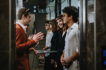 A group of young professionals engage in a lively conversation inside a sleek, modern elevator....