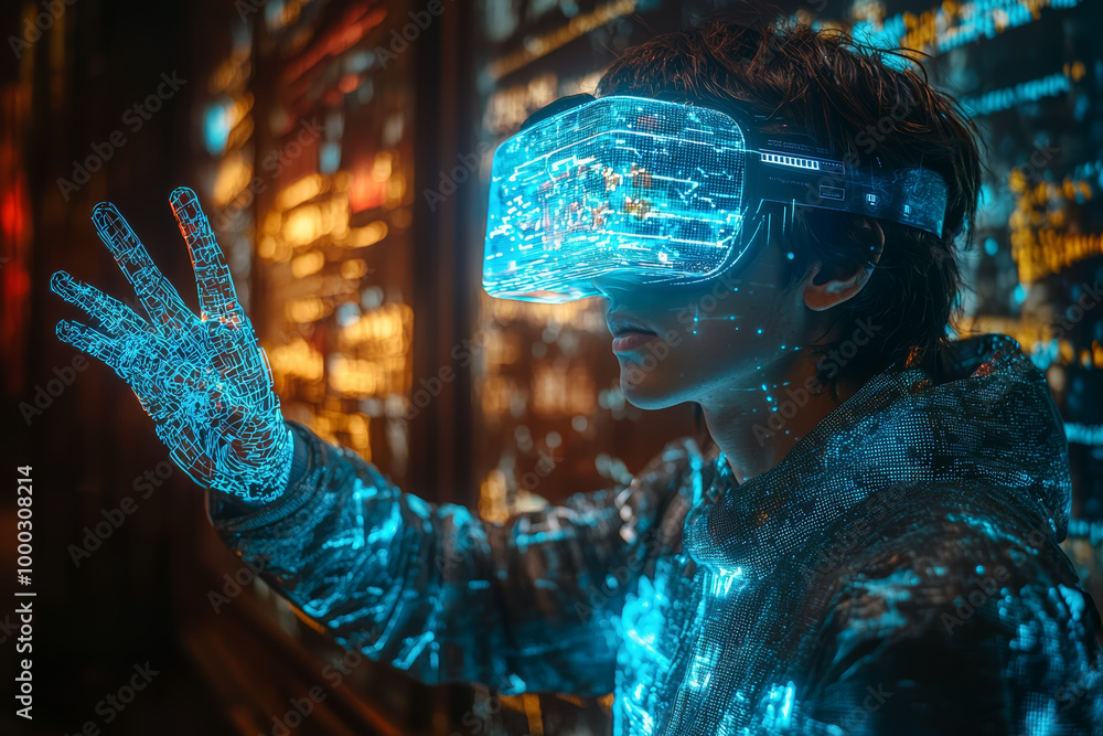 Poster a person creating a virtual masterpiece using an augmented reality interface, symbolizing the future