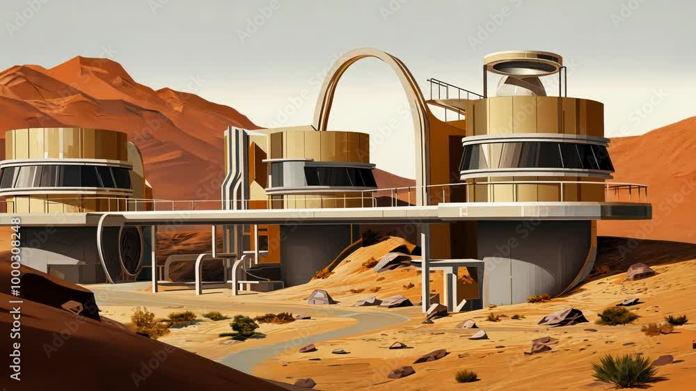 Poster retro futuristic architecture in sci-fi scene on the desert planet. alien landscape with nostalgic r