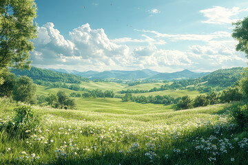 A peaceful countryside landscape with rolling hills and a clear blue sky, symbolizing tranquility and natural beauty.
