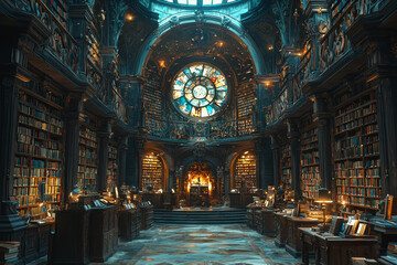 Fototapeta premium A magical library where characters from the books are coming to life and interacting with readers, representing the boundless nature of storytelling.