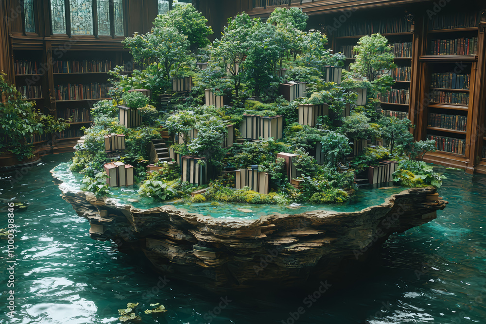 Poster a library where books slowly morph into floating islands, representing the limitless possibilities o