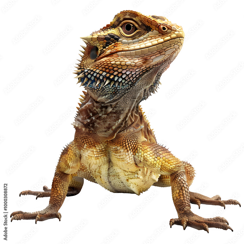 Poster Detailed close-up of a vibrant bearded dragon lizard showcasing its unique scales and textures on a transparent background for easy use in various designs