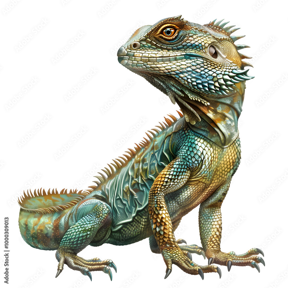 Poster Bright and intricate close-up of a lizard displaying its colorful scales and detailed patterns against a clear background, ideal for graphic design and educational projects