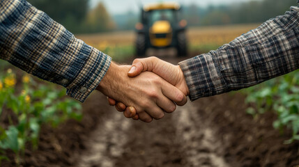Two farmers shake hands in a muddy field with tractor in background during harvest season