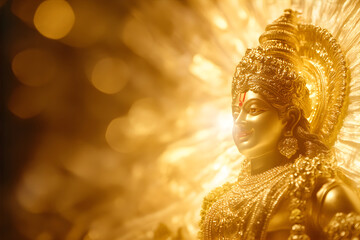 Utpanna Ekadashi banner. Golden Lord Vishnu statue with copy space. 