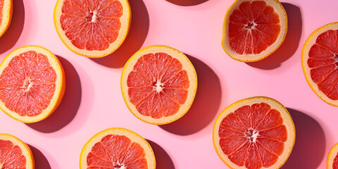 Grapefruit Halves and Leaves on Pink Background

