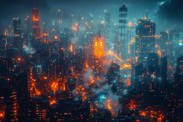 A futuristic cityscape where skyscrapers are interconnected by glowing energy bridges, symbolizing advanced technology and connectivity.