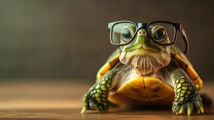 Cute little green turtle with glasses in front of studio background. Copy Space. Banner
