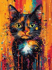Colorful cat portrait with vibrant splashes