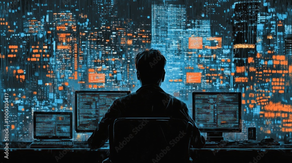 Aufkleber silhouetted figure working at a computer in a cityscape setting