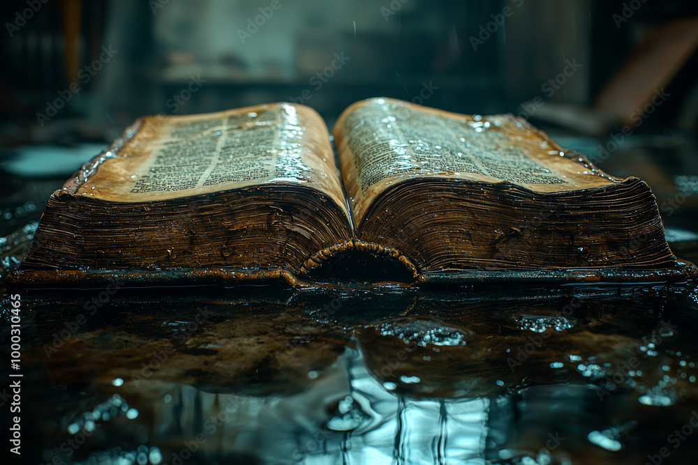Poster a close-up of an old, weathered book lying open on a desk, with pages reflecting in a puddle of wate