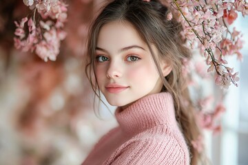 A young woman with natural beauty, wearing a pink sweater with a high neck...