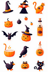 Halloween sticker sheet for preschoolers with big shapes and whimsical elements like witch, cat, raven, elixir on a white background
