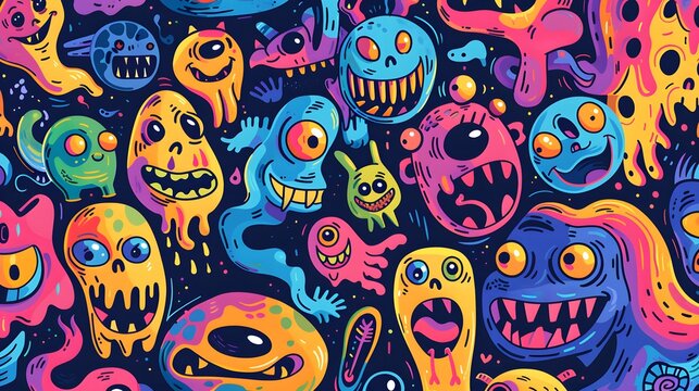 Colorful abstract monster faces in a cartoon style. Seamless pattern for kids' wallpapers, fabric prints, or posters. Playful and quirky Halloween and monster concept for fun decorative designs.