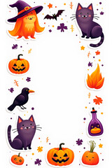 Fototapeta premium Halloween sticker sheet for preschoolers with big shapes and whimsical elements like witch, cat, raven, elixir on a white background, empty space for text