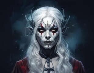 Evil Woman with white hair and red eyes.