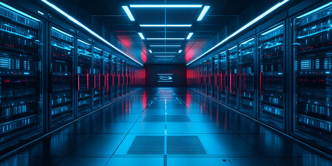 Futuristic Data Server Room with Neon Lights

