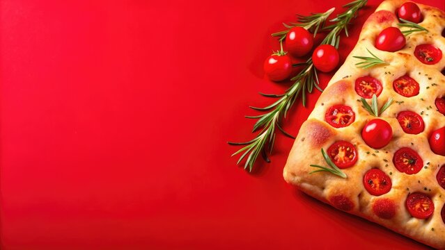 Italian focaccia bread topped with cherry tomatoes and rosemary on a vibrant red background.