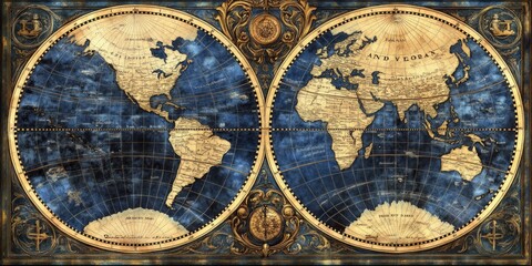 An antique styled world map showing continents and oceans. This image features detailed cartography and rich colors. Ideal for educational or decorative purposes. AI