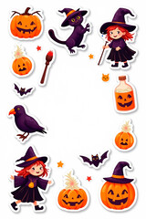 Halloween sticker sheet for preschoolers with big shapes and whimsical elements like witch, cat, raven, elixir on a white background, empty space for text