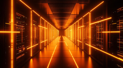 A futuristic data center corridor with illuminated lines and high-tech servers, representing advanced technology and digital networks