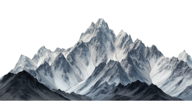 Picturesque landscape with majestic mountain peaks isolated on transparent background, cut out png
