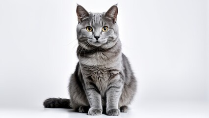 A gray cat sits elegantly against a plain background, showcasing its features.