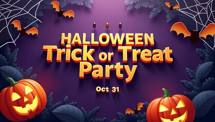 Halloween Trick or Treat Party Poster with Spooky Forest and Bats for October 31st Event Announcement