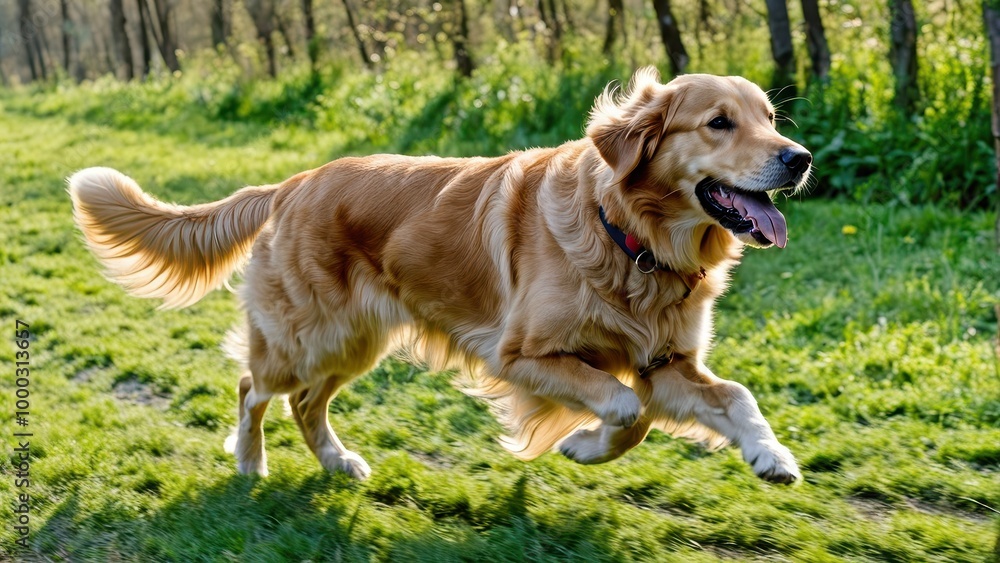 Poster a golden retriever joyfully running through a grassy field in a natural setting.