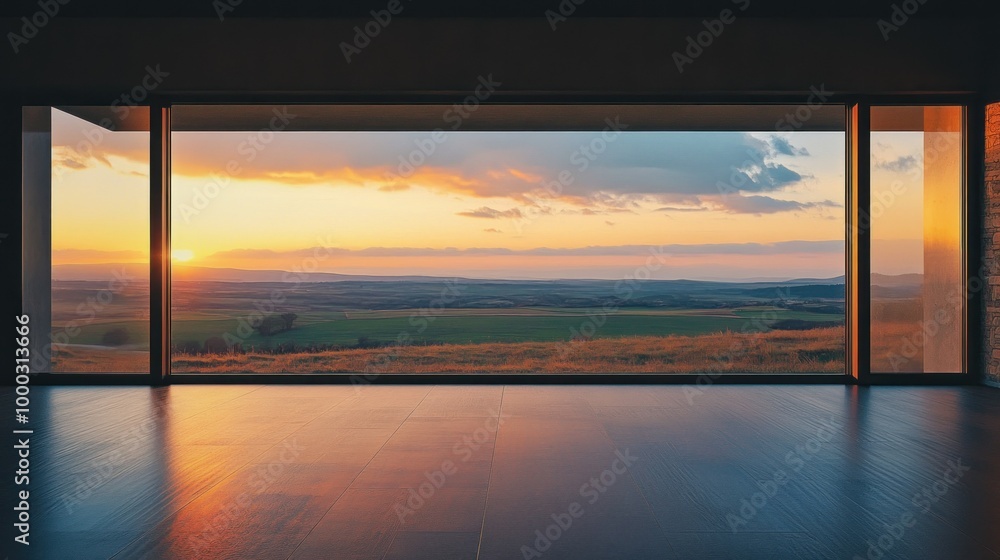 Sticker Sunset View Through Large Windows in Modern Home