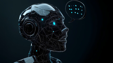 Abstract head of the humanoid robot android with talk bubble speech in futuristic low poly wireframe style. Android Revolt. Illustration