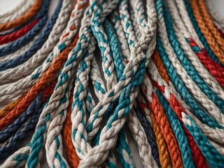 Colorful braided ropes or strings in various shades of blue, gray, orange, and white