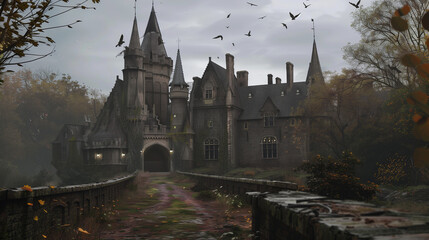 Obraz premium Fantasy Haunted Castle in a Misty Forest Landscape