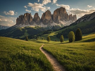 Rugged mountain peaks rising above lush green meadow with winding dirt path, set against dramatic cloudy sky