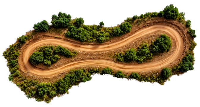 Dirt road path with transparent background cut out design element, top view